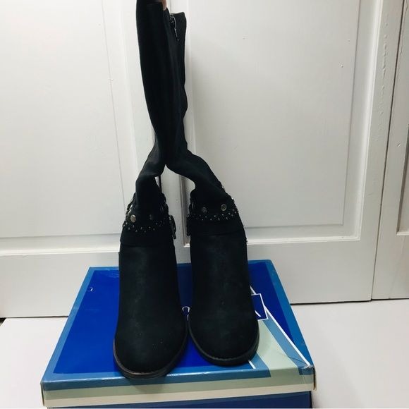*NEW* WHITE MOUNTAIN Paulina Black Waxy Fabric Tall Boots Size 9