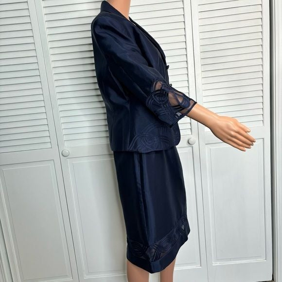 ADRIANNA PAPELL Evening Essentials Silk Navy Blue Skirt Suit Size 10