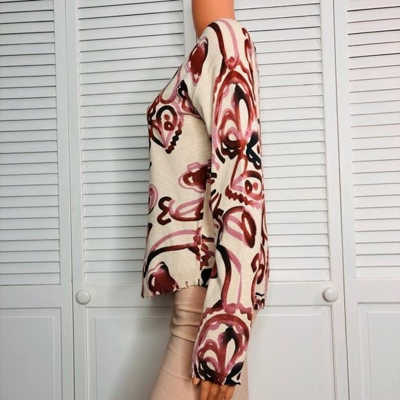 *NEW* CHARLIE B Crew Neck Abstract Print Frayed Hem Sweater Size XS