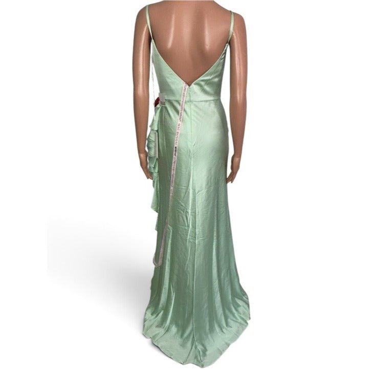 New MAC DUGGAL Satin Ruffled Asymmetrical Gown in Pistachio Green Size 6