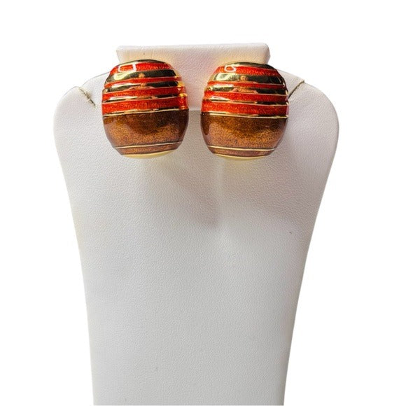 JOAN RIVERS Vintage Brown Orange Enamel Gold Tone Clip On Earrings