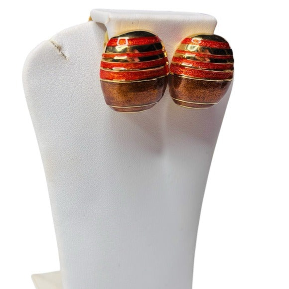 JOAN RIVERS Vintage Brown Orange Enamel Gold Tone Clip On Earrings