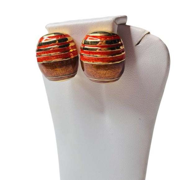 JOAN RIVERS Vintage Brown Orange Enamel Gold Tone Clip On Earrings