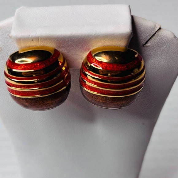 JOAN RIVERS Vintage Brown Orange Enamel Gold Tone Clip On Earrings