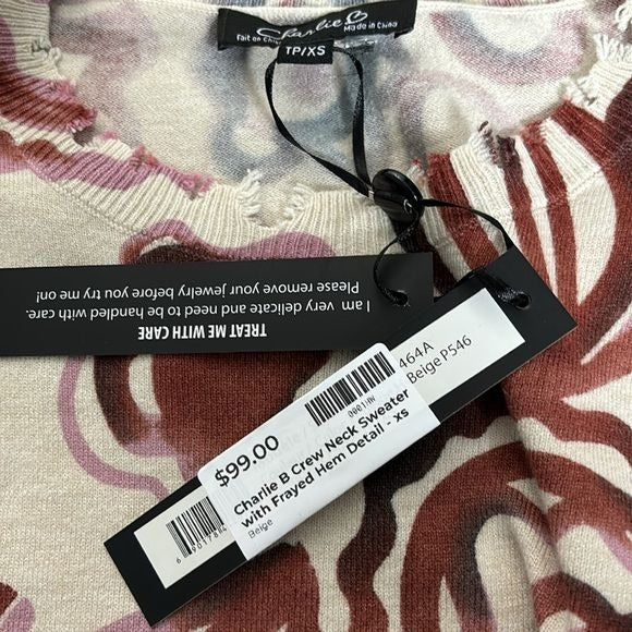 *NEW* CHARLIE B Crew Neck Abstract Print Frayed Hem Sweater Size XS