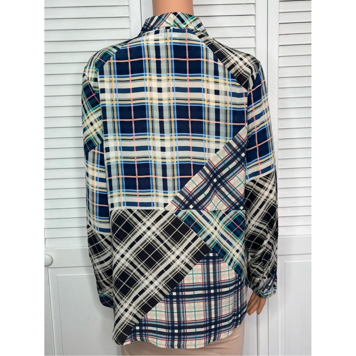Johnny Was Workshop Silk Plaid Patchwork Button Down Shirt Size Medium