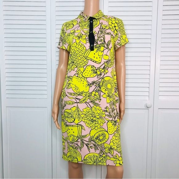 MARC CAIN Pink Yellow Print Collared V-Neck Short Sleeve Dress Size M