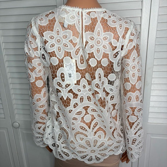 New JOHNNY WAS Lisetta Lace Sheer Long Sleeve Blouse in White Size XS