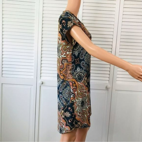 FREEWAY Blue Paisley Short Sleeve V-Neck Dress Size M