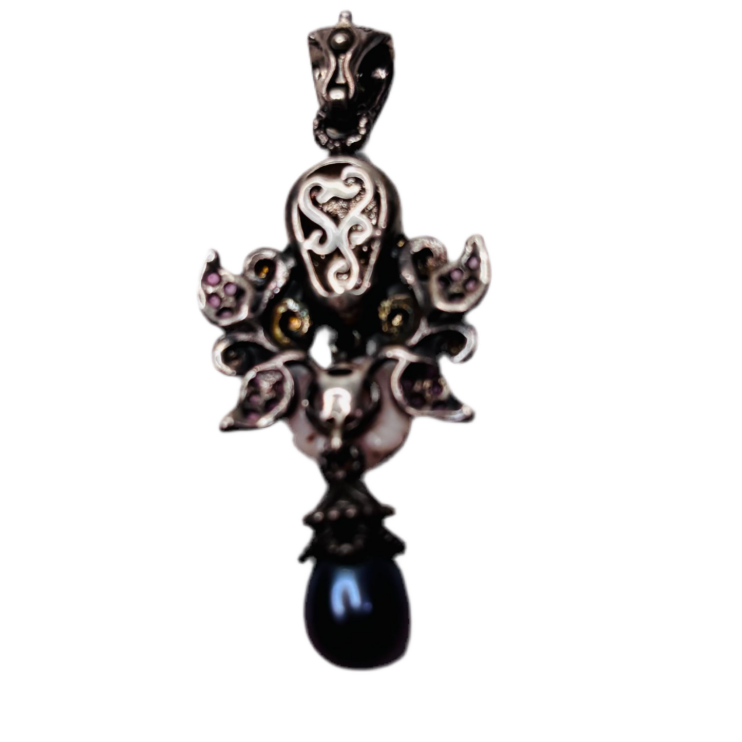 BARBARA BIXBY Skull Rose Pearl Tourmaline Sterling Silver Pendant