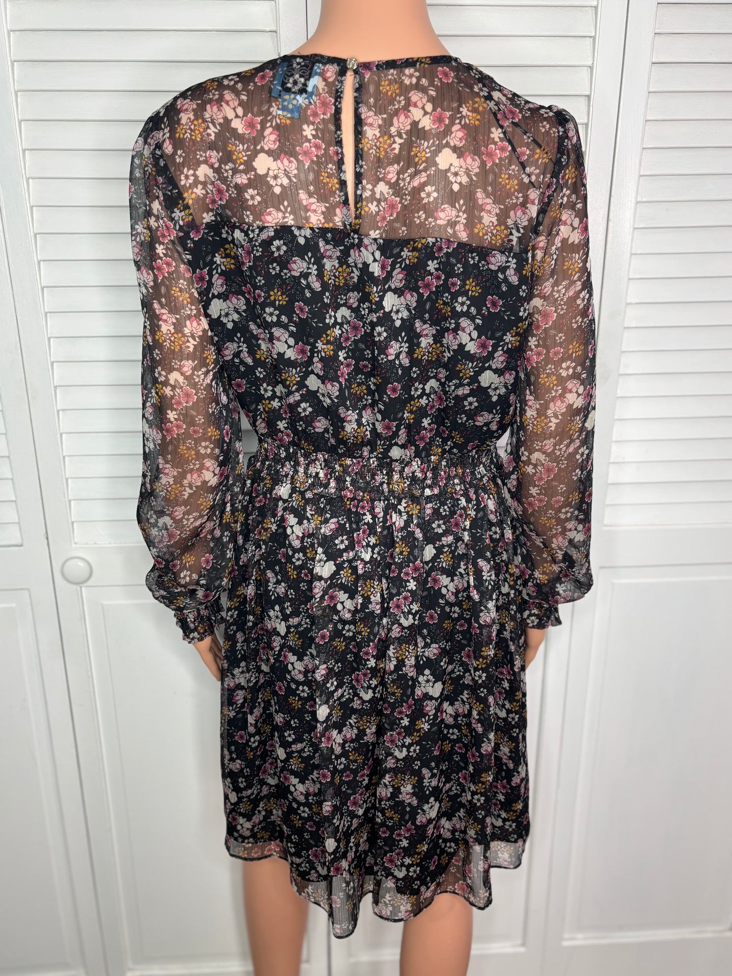 CECE Black Floral Chiffon Long Sleeve Smocked Waist Dress Size 6