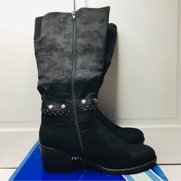 *NEW* WHITE MOUNTAIN Paulina Black Waxy Fabric Tall Boots Size 9