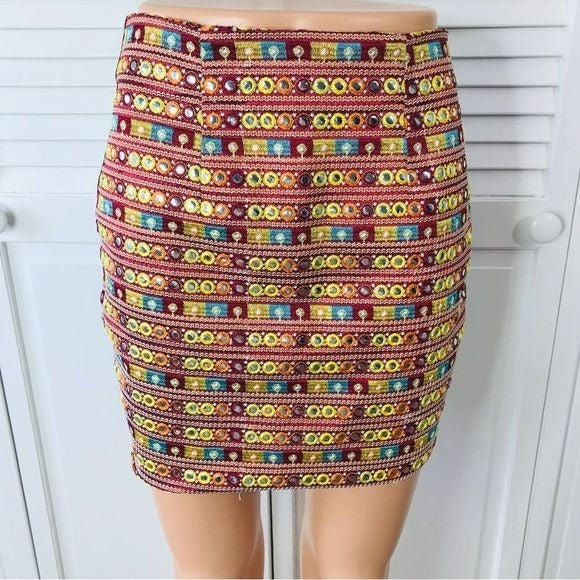 MISGUIDED Skirt Maroon Beaded Embroidered Mini Skirt Size 4 *NEW*