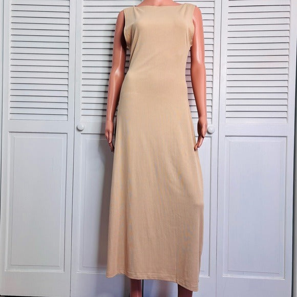 NEW WEWOREWHAT Boat Neck Cotton Rib Midi Dress in Beige Size Large