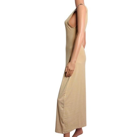 NEW WEWOREWHAT Boat Neck Cotton Rib Midi Dress in Beige Size Large