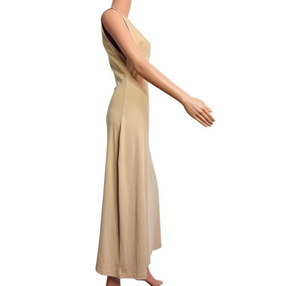 NEW WEWOREWHAT Boat Neck Cotton Rib Midi Dress in Beige Size Large