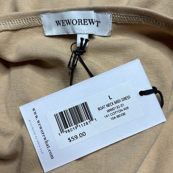 NEW WEWOREWHAT Boat Neck Cotton Rib Midi Dress in Beige Size Large