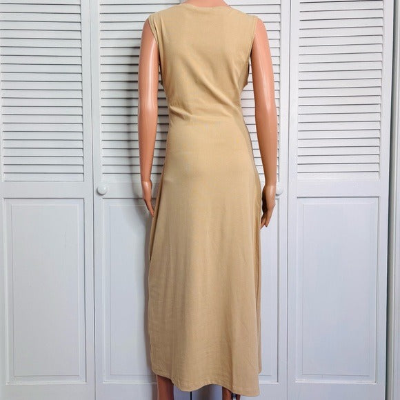 NEW WEWOREWHAT Boat Neck Cotton Rib Midi Dress in Beige Size Large