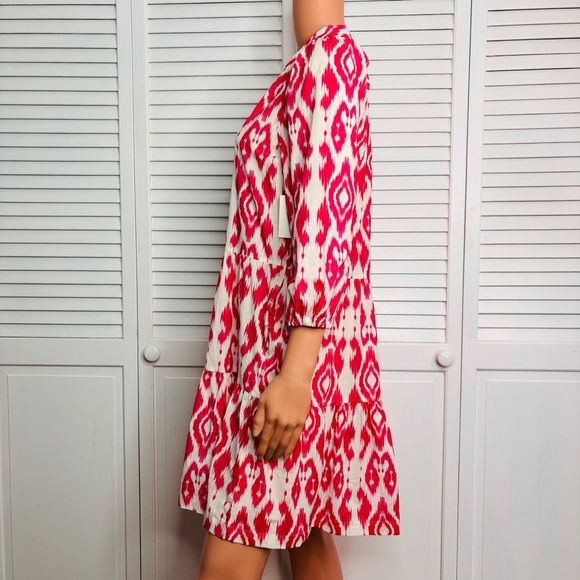 *NEW* ELLEN TRACY Fuschia Ikat Print Puff Sleeve Tiered Mini Dress Size XS