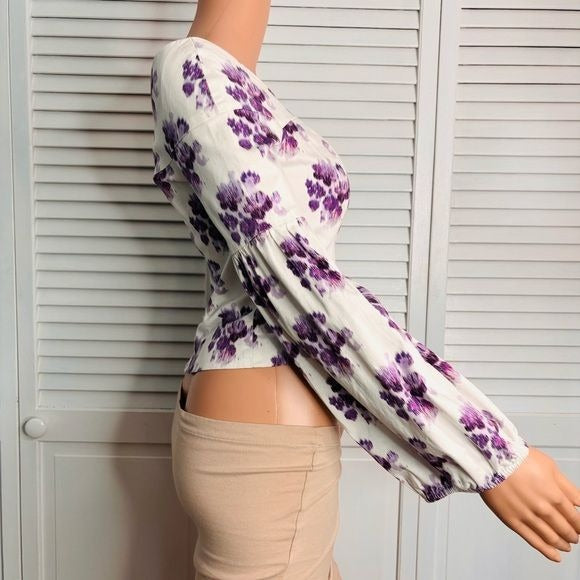 AMUR Shanae White Purple Floral Ikat Blouse Size Small