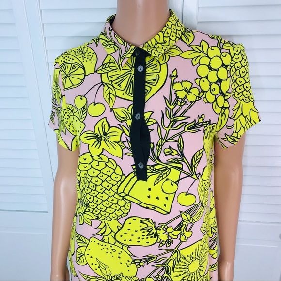 MARC CAIN Pink Yellow Print Collared V-Neck Short Sleeve Dress Size M