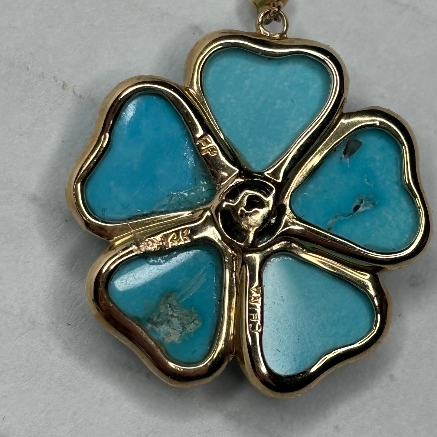 Solid 14K Gold Turquoise & Diamond Flower Pendant with Heart Bail