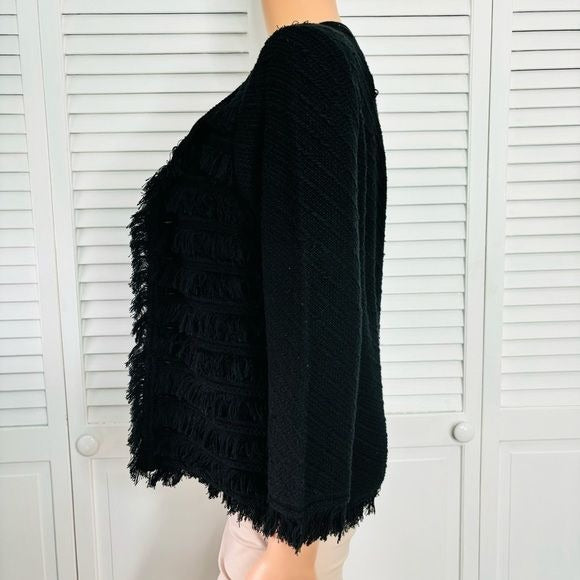 *NEW* T TAHARI Black Fringe Knit Sweater Cardigan