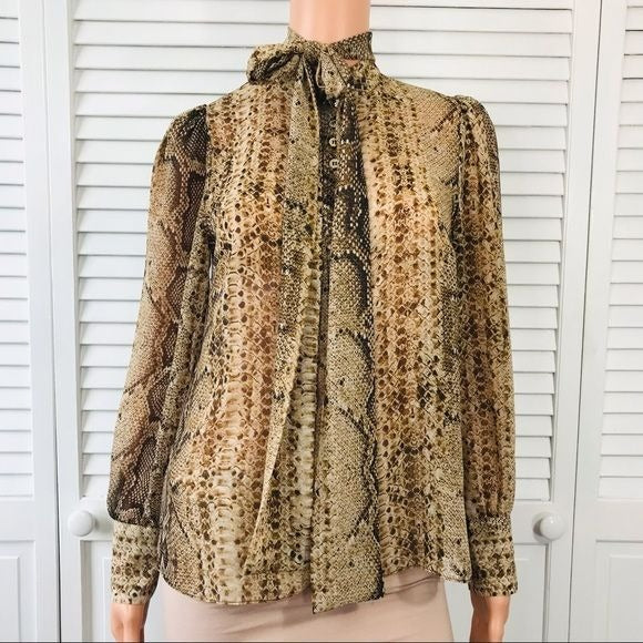 ZARA Brown Sheer Snakeskin Print Long Sleeve Button Down Blouse Size Small
