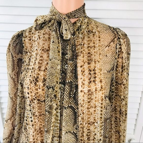 ZARA Brown Sheer Snakeskin Print Long Sleeve Button Down Blouse Size Small