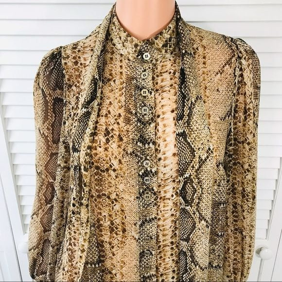 ZARA Brown Sheer Snakeskin Print Long Sleeve Button Down Blouse Size Small