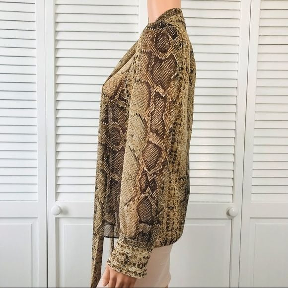 ZARA Brown Sheer Snakeskin Print Long Sleeve Button Down Blouse Size Small