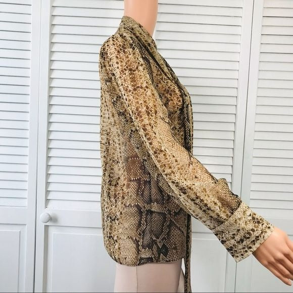 ZARA Brown Sheer Snakeskin Print Long Sleeve Button Down Blouse Size Small