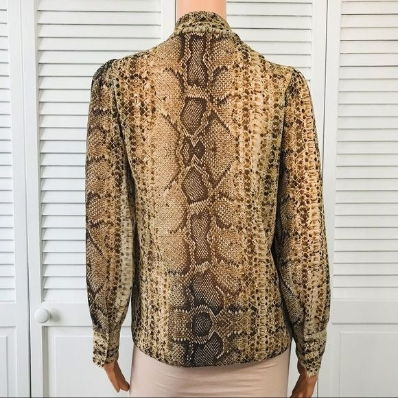 ZARA Brown Sheer Snakeskin Print Long Sleeve Button Down Blouse Size Small