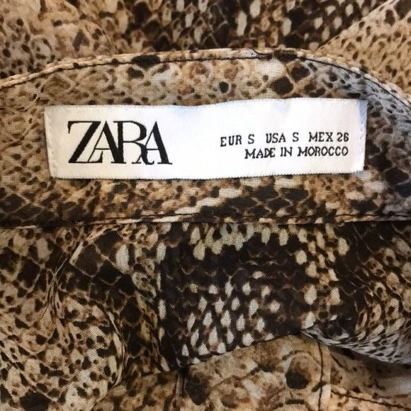ZARA Brown Sheer Snakeskin Print Long Sleeve Button Down Blouse Size Small