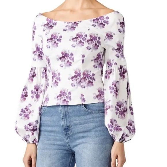 AMUR Shanae White Purple Floral Ikat Blouse Size Small