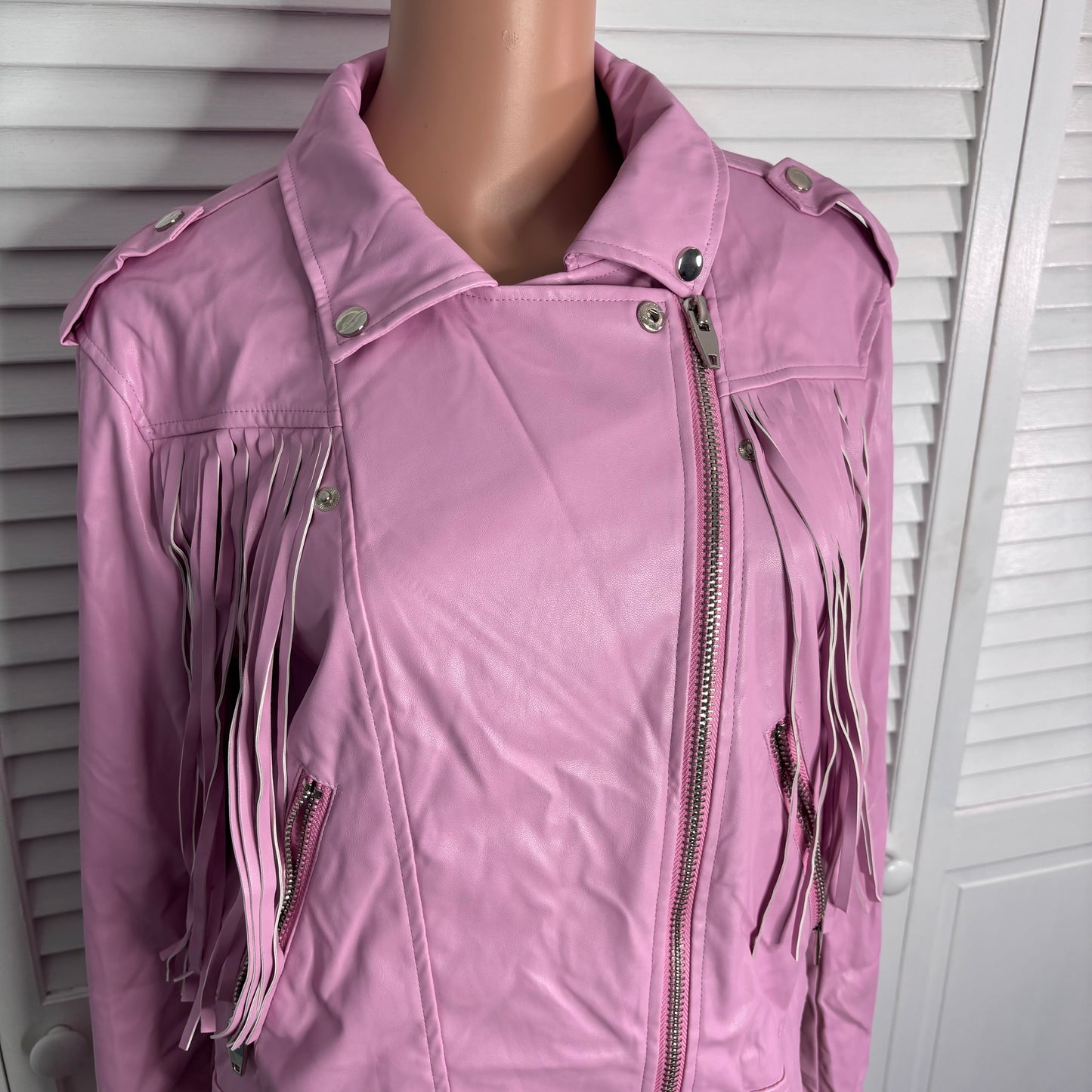 *New* BUDDY LOVE Francesca Fringe Vegan Leather Jacket in Pink Size Large