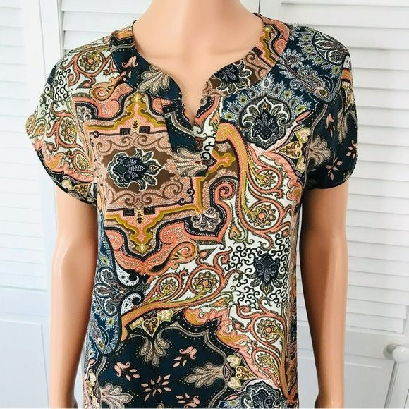 FREEWAY Blue Paisley Short Sleeve V-Neck Dress Size M