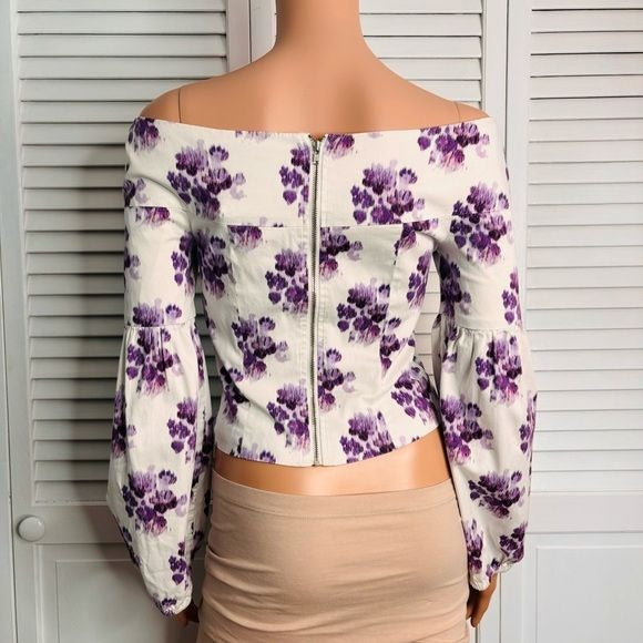 AMUR Shanae White Purple Floral Ikat Blouse Size Small