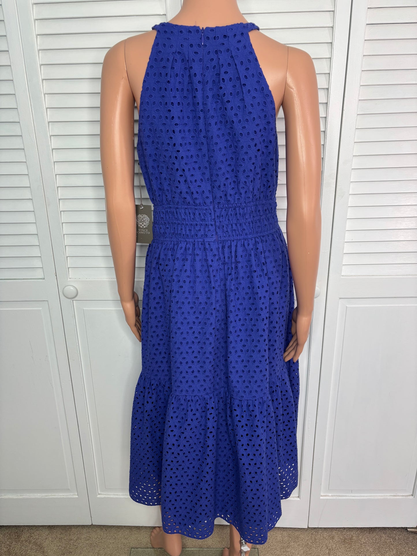 VINCE CAMUTO Blue Eyelet Halter Tiered Midi Dress Size 6