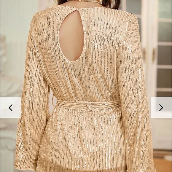 GRACE KARIN Almond Long Bell Sleeve Crew Neck Sequined Blouse Size S *NEW*