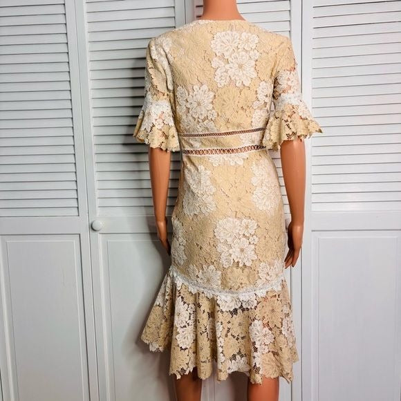 SAYLOR Maggy Cream Floral Lace Deep V-Neck Dress Size Small