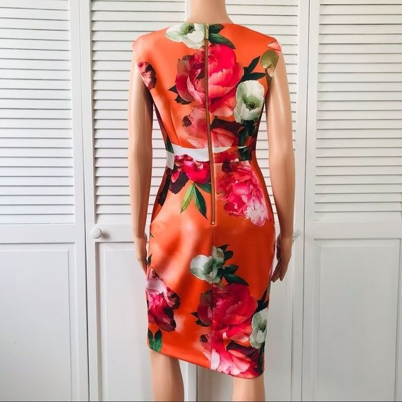 CALVIN KLEIN Orange Floral Sheath Sleeveless Dress Size Petite