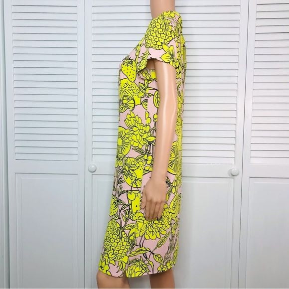 MARC CAIN Pink Yellow Print Collared V-Neck Short Sleeve Dress Size M