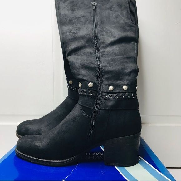 *NEW* WHITE MOUNTAIN Paulina Black Waxy Fabric Tall Boots Size 9