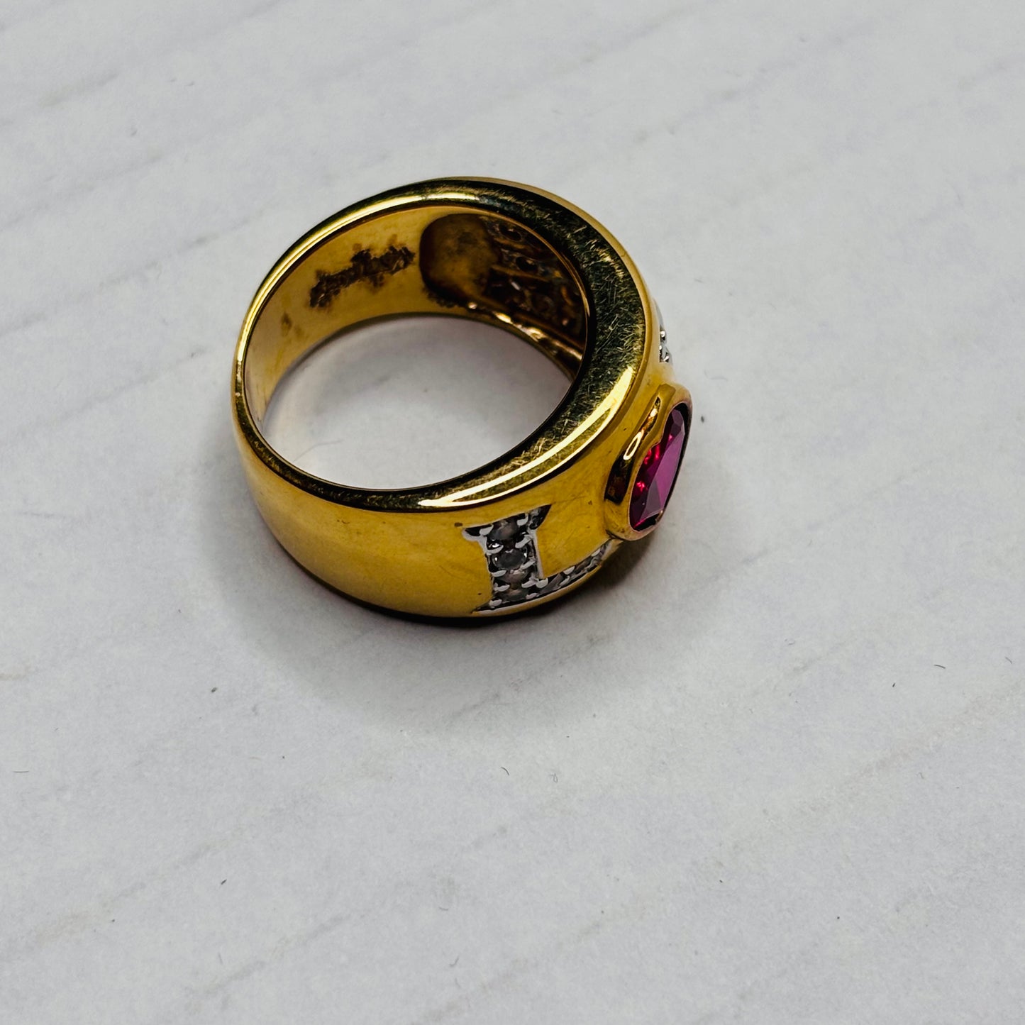 14K Yellow Gold “LOVE” with Ruby Heart and Diamond Set Gold Vintage Ring Size 7