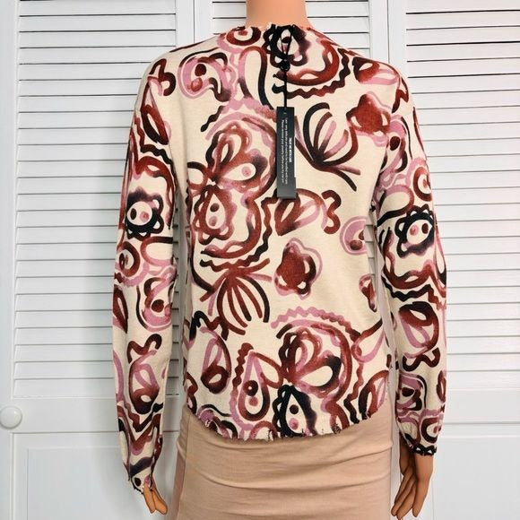 *NEW* CHARLIE B Crew Neck Abstract Print Frayed Hem Sweater Size XS