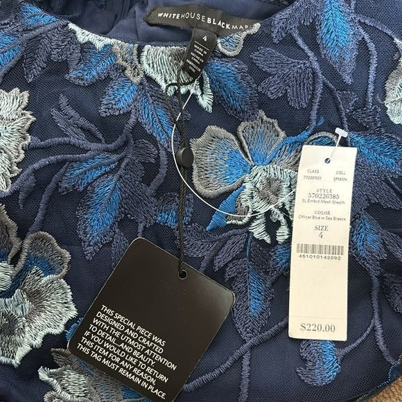 *NEW* WHITE HOUSE BLACK MARKET Embroidered Blue Floral Sheath Dress Size 4