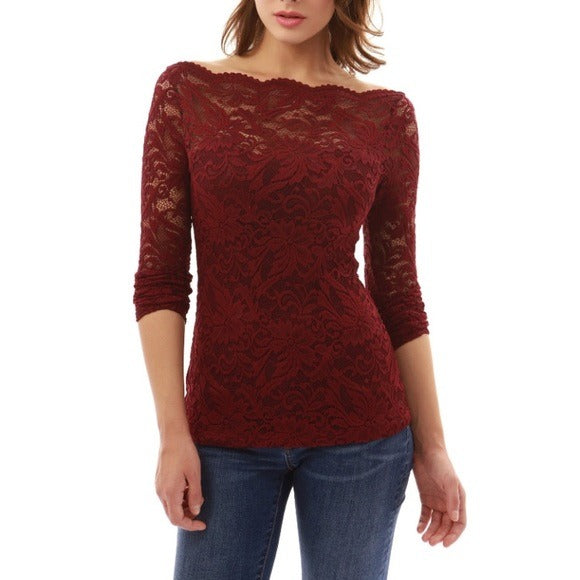 NEW PATTYBOUTIK Boatneck Sweetheart Inset Floral Lace Blouse in Burgundy Size Medium