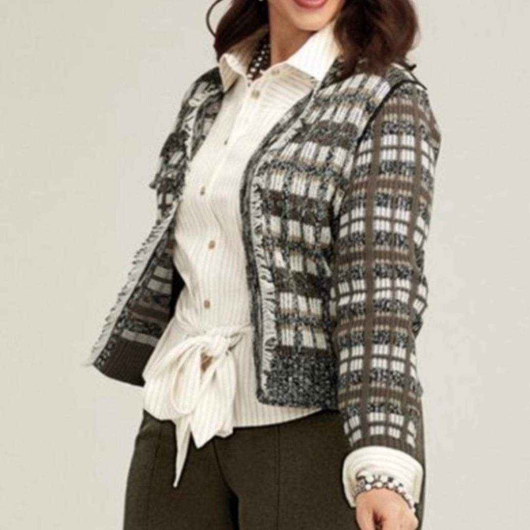 CABI Classic Neutral Plaid Cardigan Sweater Size XL