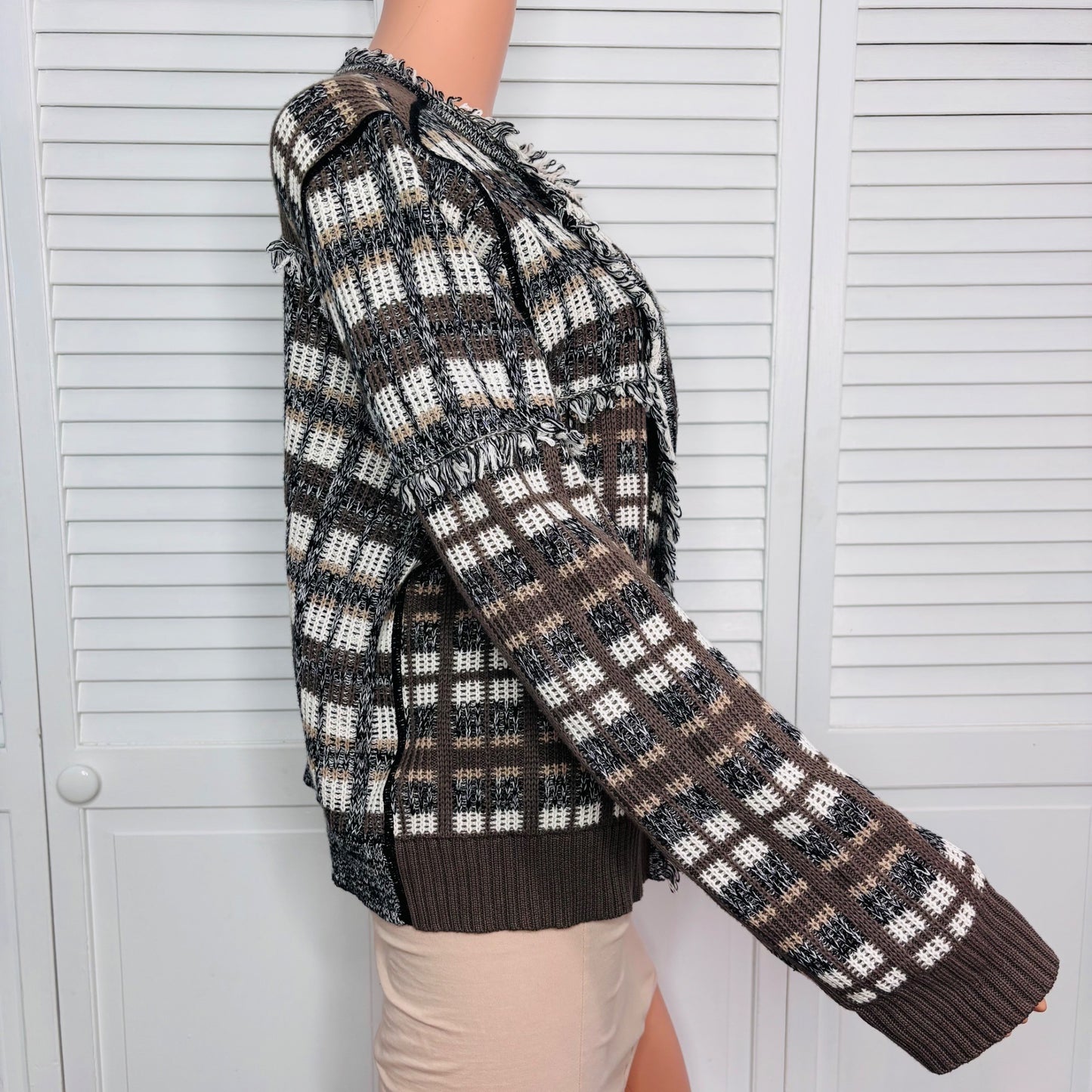 CABI Classic Neutral Plaid Cardigan Sweater Size XL